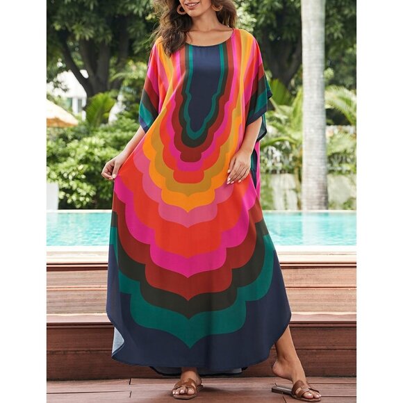 🆕Women's A-Colored Geometry Kaftan Dress V Neck Swimsuit Cover-Up Loungewear - Picture 3 of 7